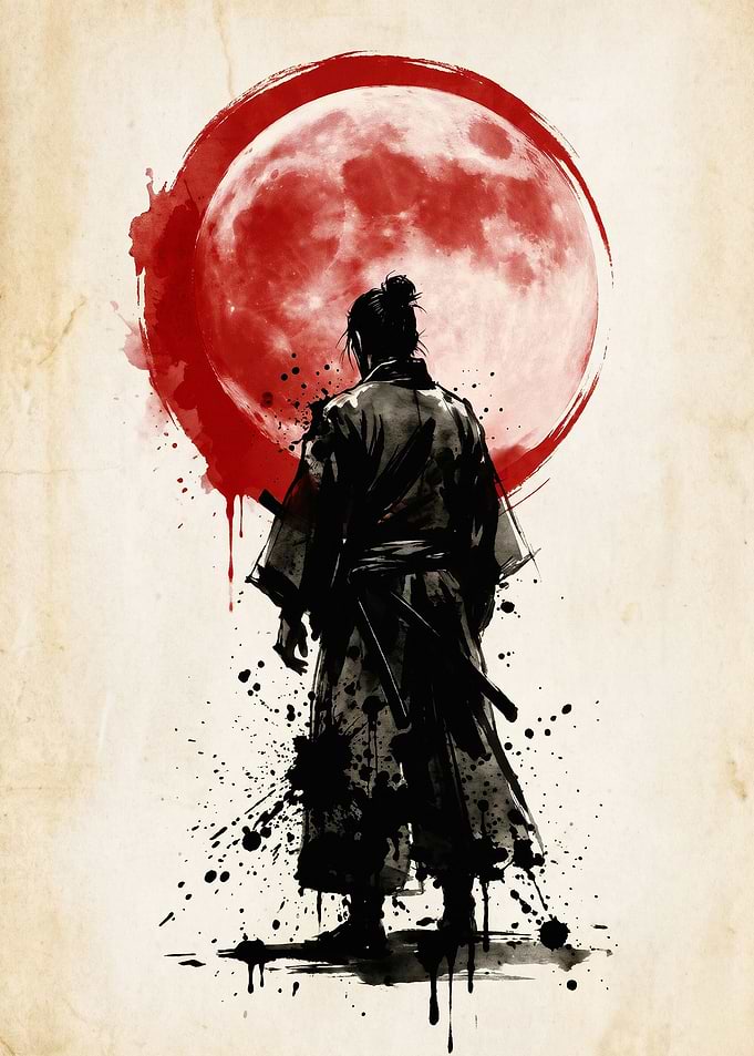 Samurai Moon Ink Japanese Poster