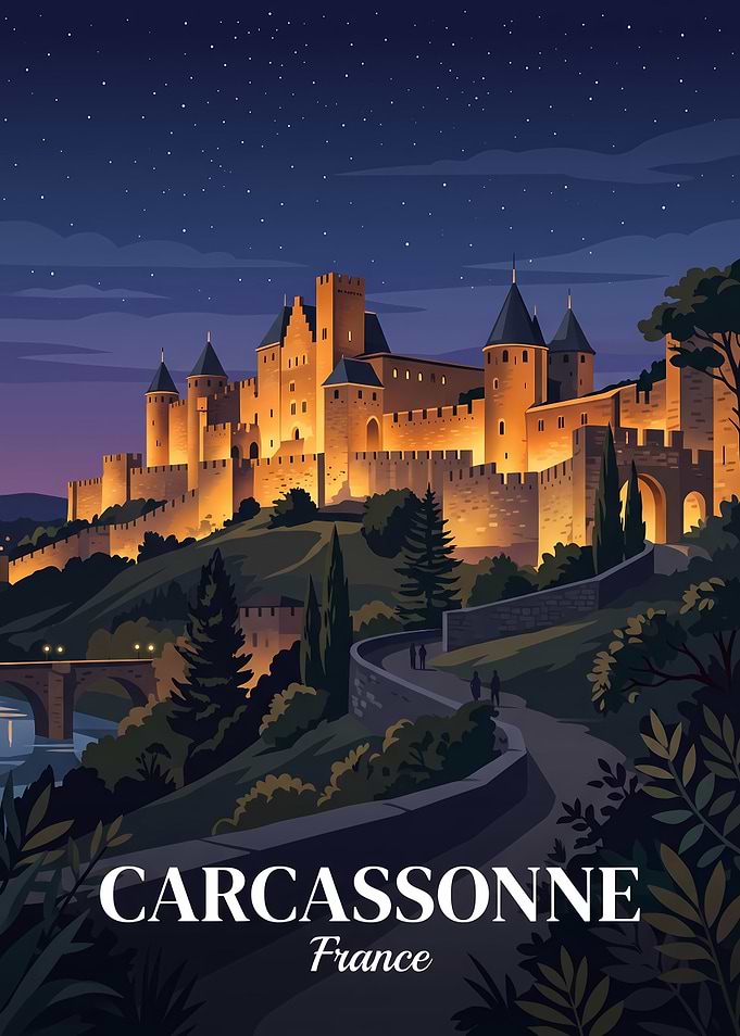 Carcassonne France Night Travel Poster
