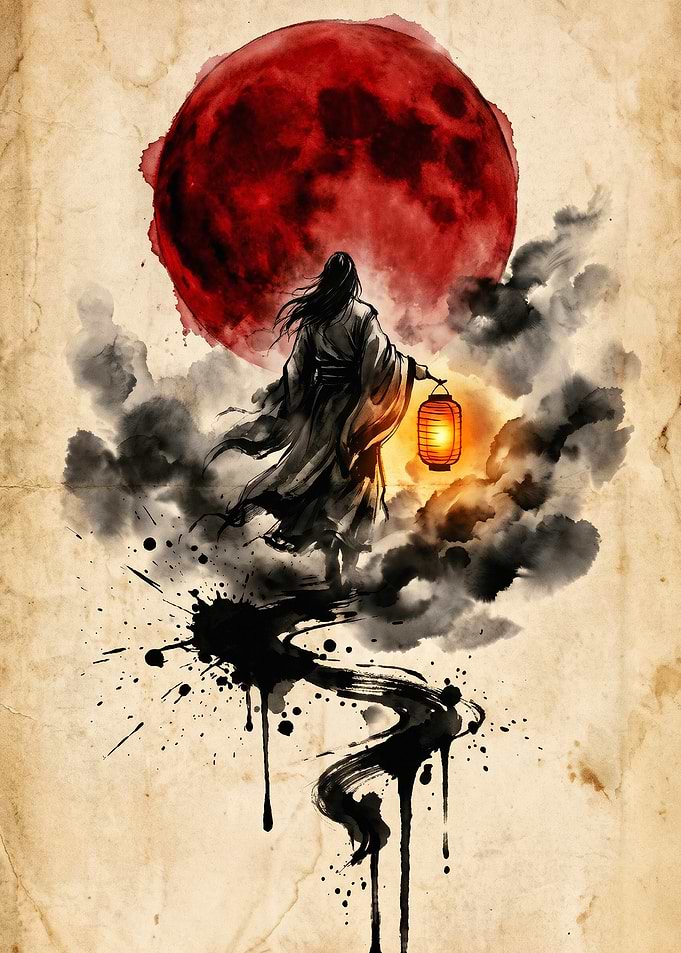 Samurai Red Moon Ink Art Poster