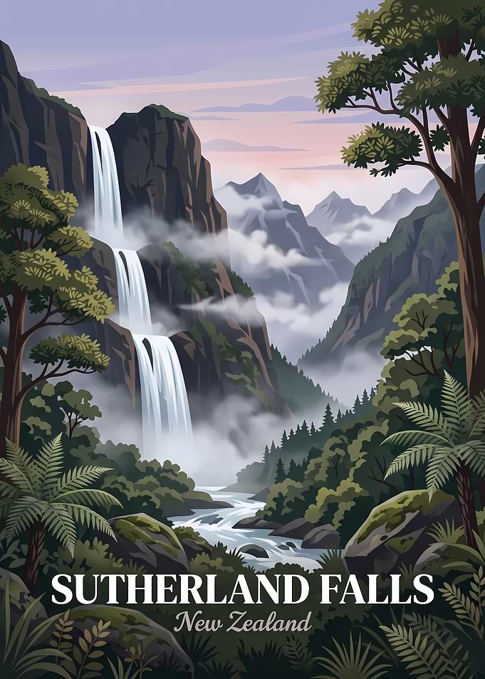 Sutherland Falls New Zealand Travel Poster