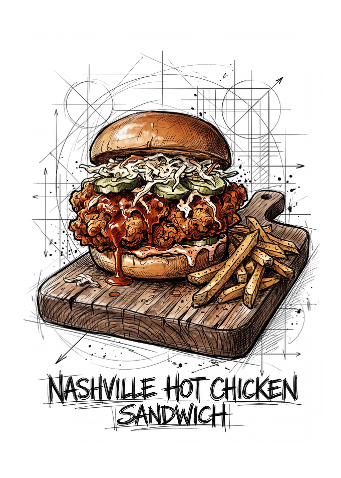 Nashville Hot Chicken Sandwich Blueprint Art