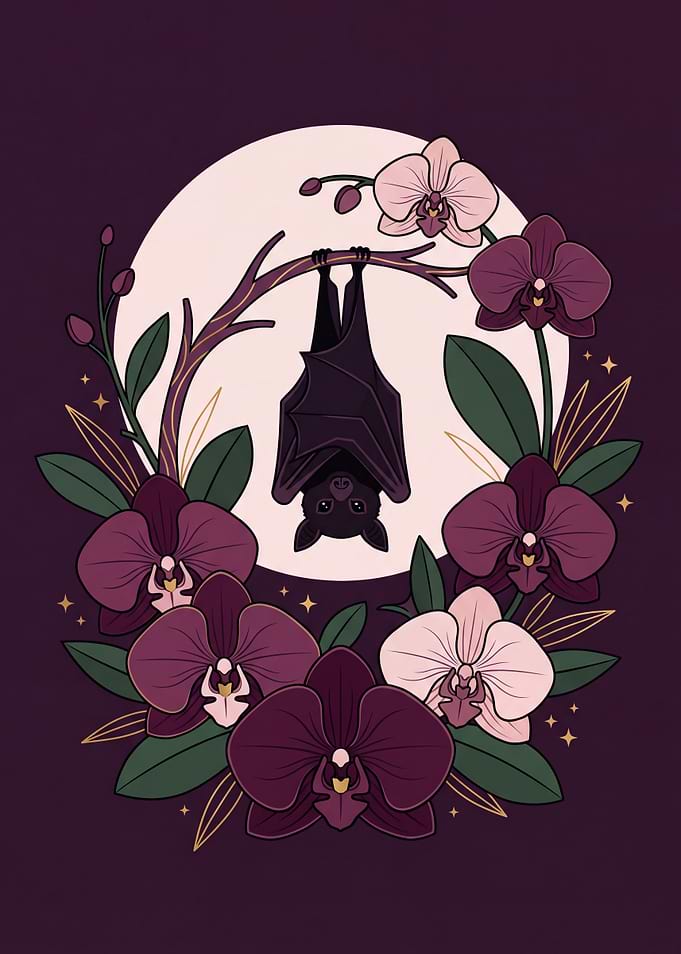 Bat among Dark Orchids and Full Moon