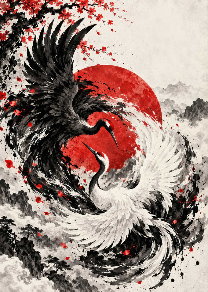 Yin Yang Cranes with Red Sun