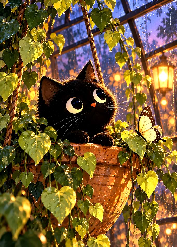 Cute Black Cat in Hanging Planter