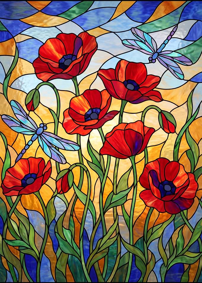 Stained Glass Poppy and Dragonfly Art