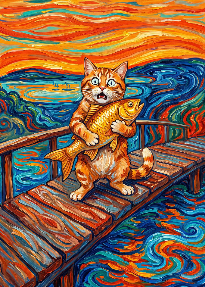 Surprised Cat Holding Fish Painting