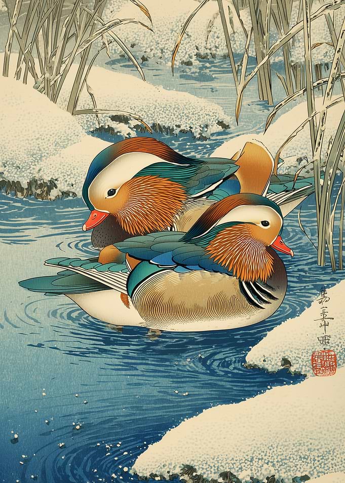 Mandarin Ducks in Snowy Winter Stream