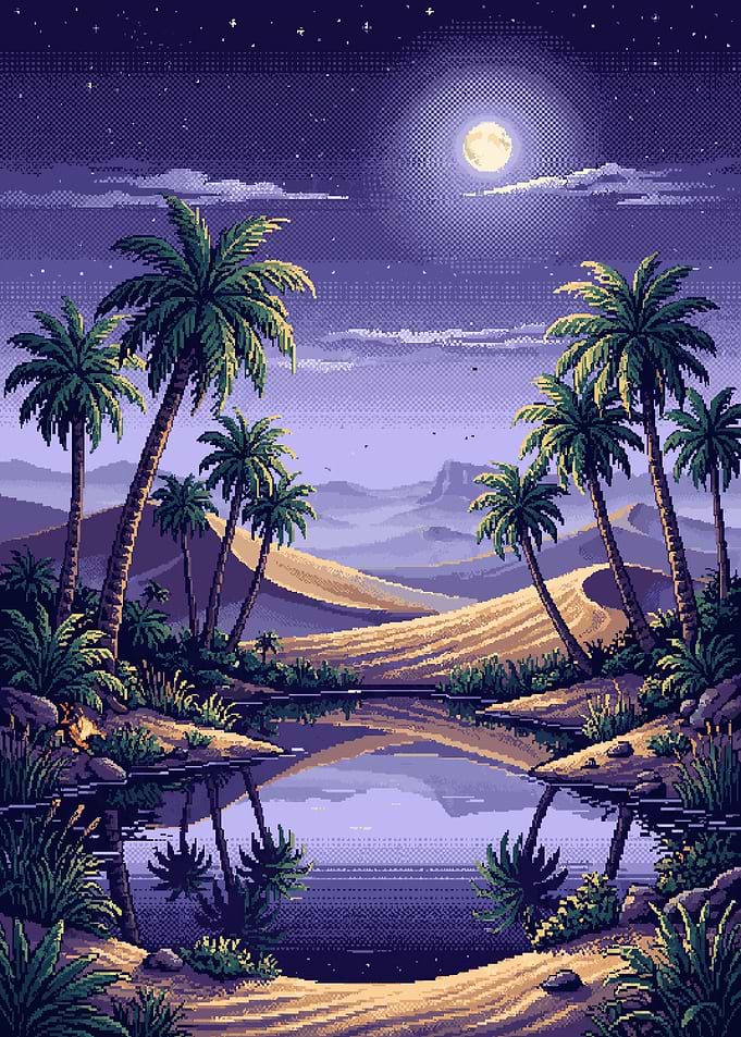 Pixel Art Desert Oasis at Night