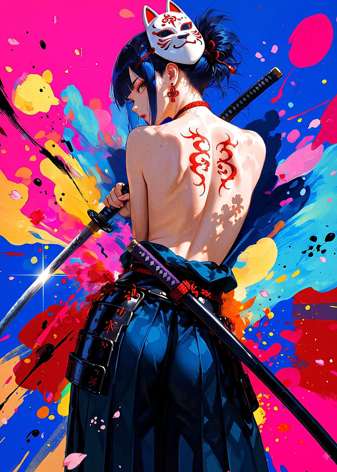 Samurai Girl with Kitsune Mask
