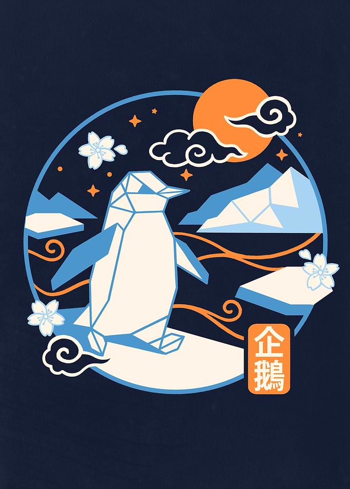 Geometric Penguin Japanese Style Illustration