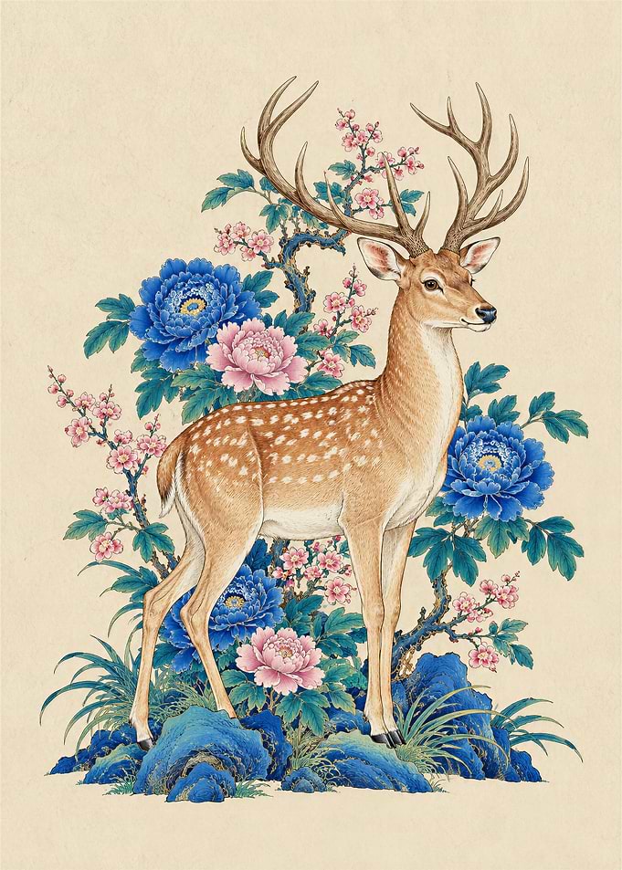 Elegant Deer Amidst Peonies and Blossoms