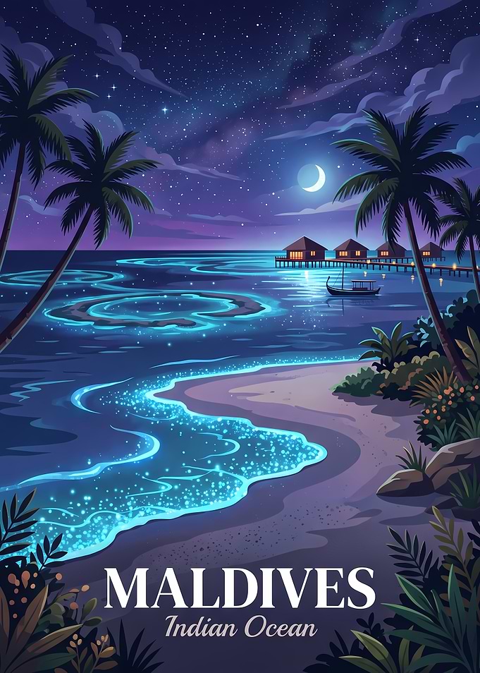 Bioluminescent Maldives Night Beach Poster