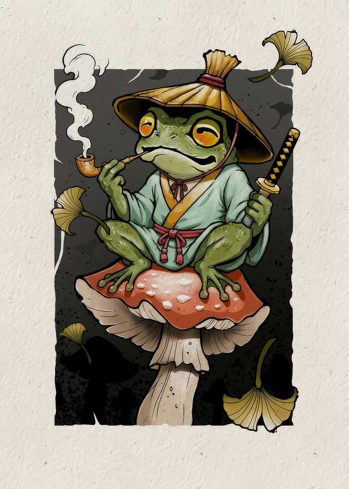 Samurai Frog Smoking on Mushroom