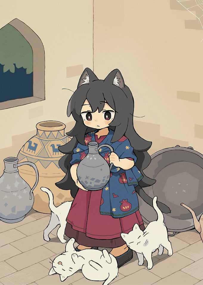 Anime Cat Girl with Pottery