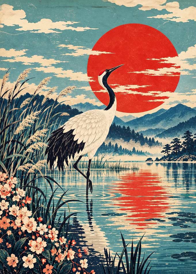 Japanese Crane Red Sun Vintage Art