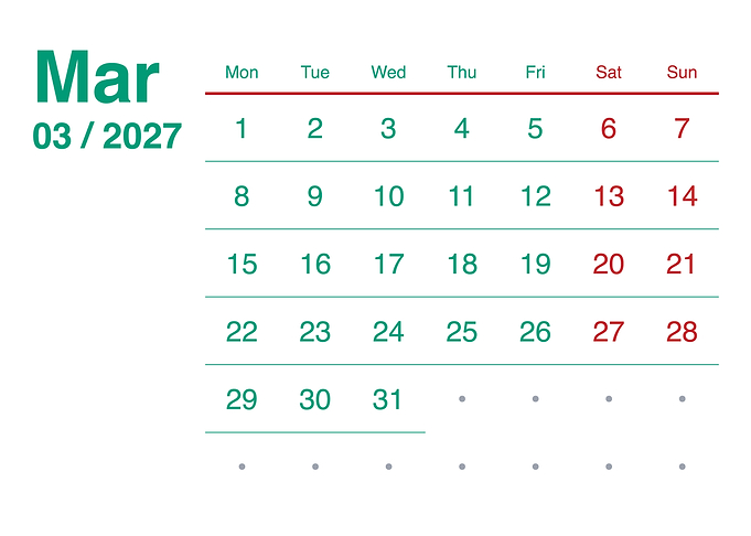 March 2027 Monthly Calendar Page