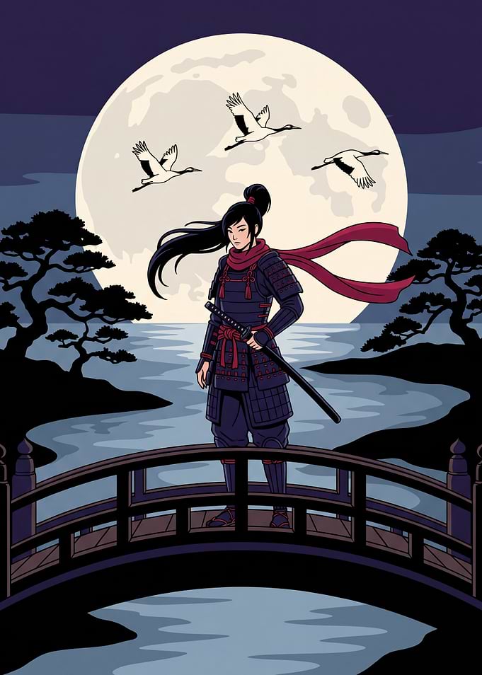 Samurai Woman under the Full Moon with Cranes