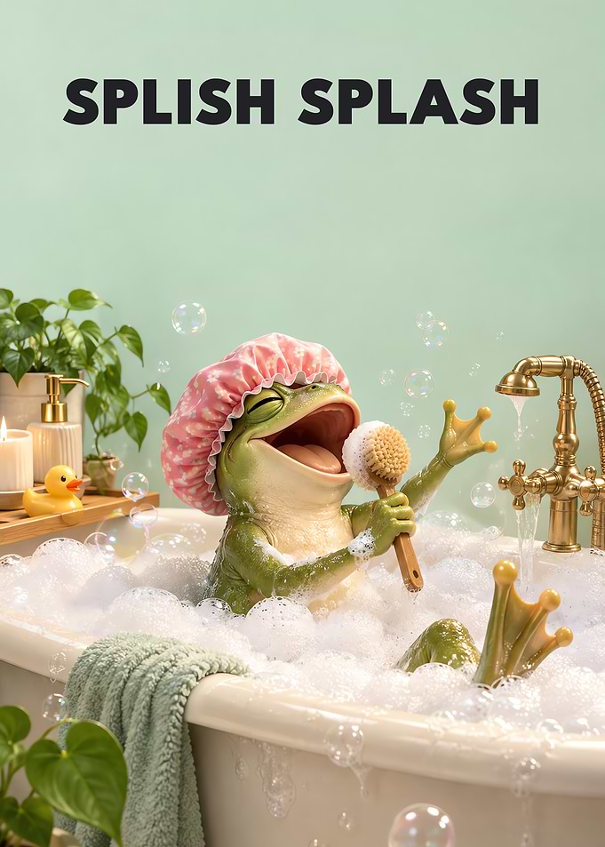 Splish Splash Frog Singing In Bubble Bath Funny Art