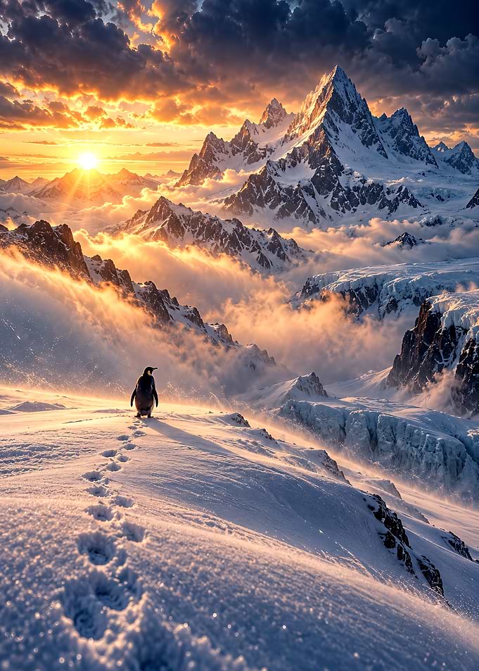 Lone Penguin in Majestic Snowy Mountains