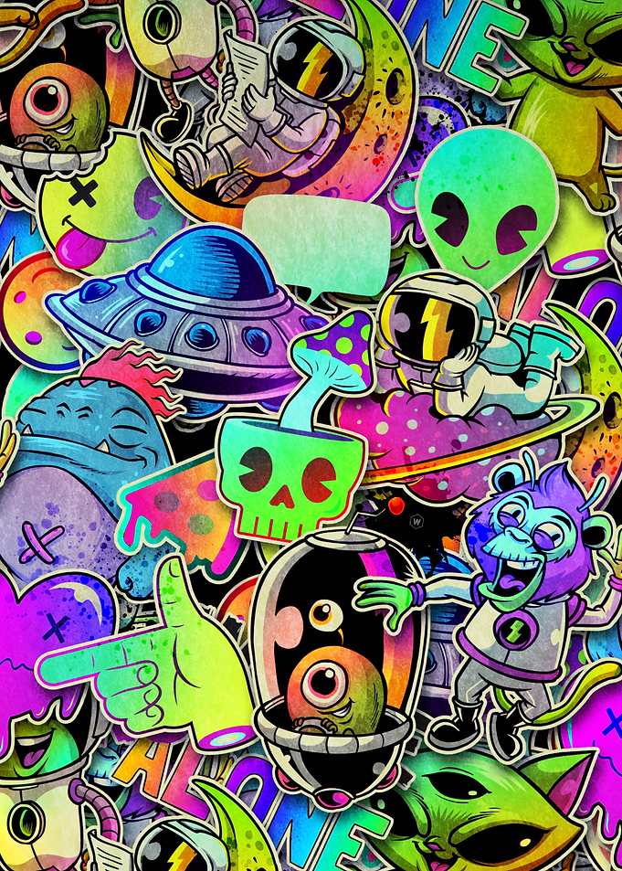 Vibrant Space-Themed Sticker Bomb Collage