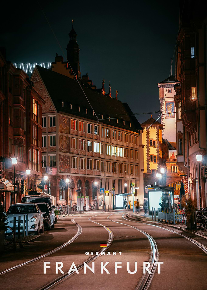Nighttime Street Scene in Frankfurt Germany