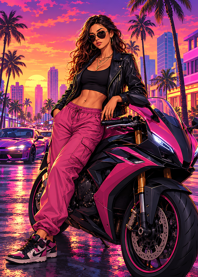 Stylish Biker Girl in Neon City