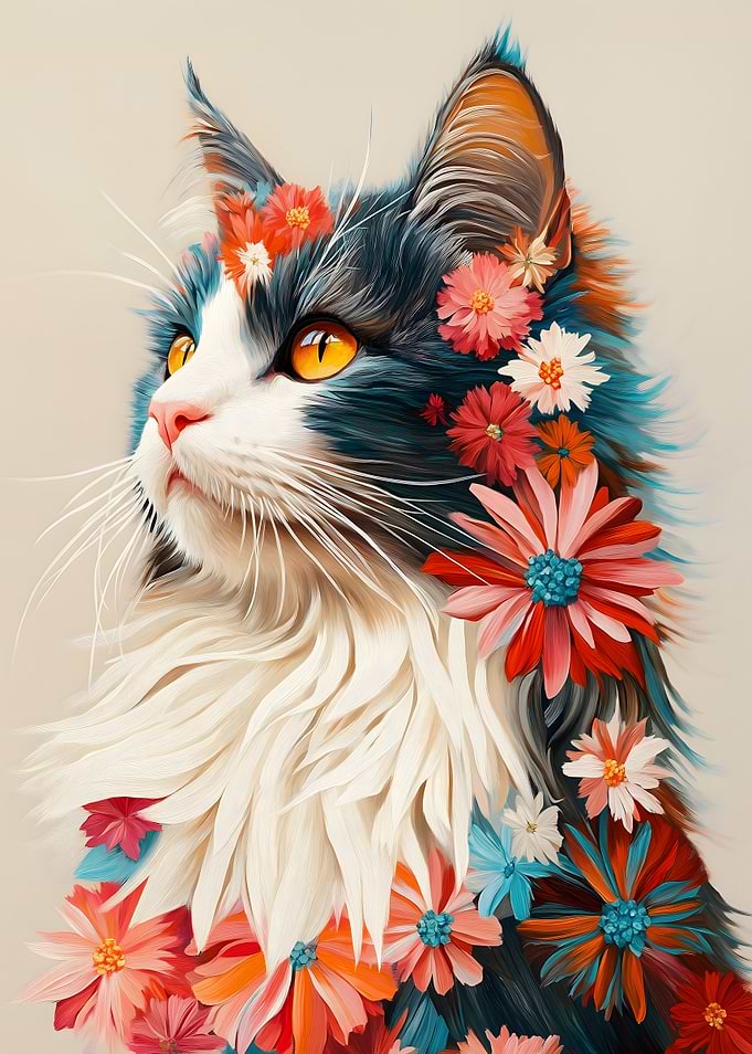 Floral Maine Coon Cat Portrait