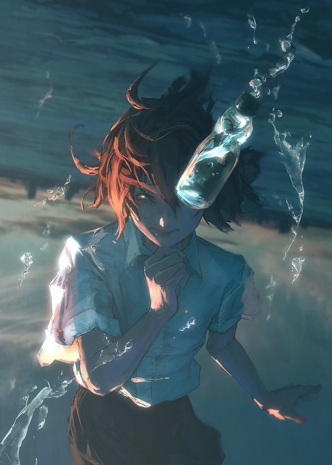 Anime Girl Underwater with Ramune Bottle