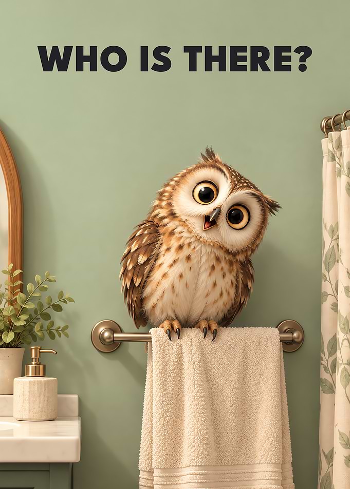 Who Is There Owl Perched On Towel Bar Funny Bathroom