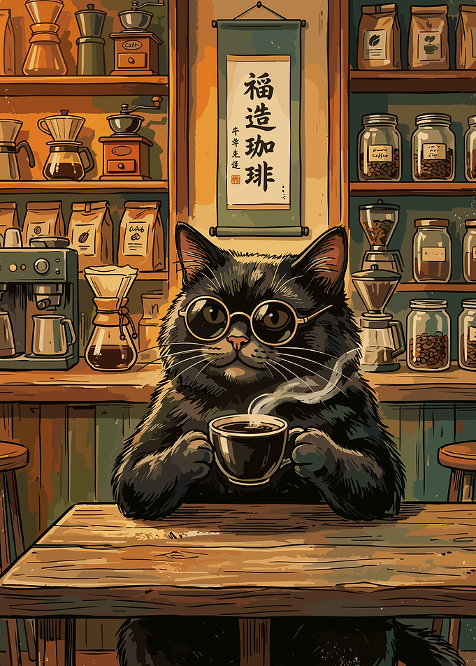 Cool Black Cat Drinking Coffee