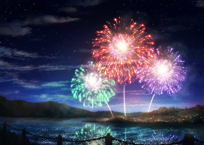 Vibrant Fireworks Over Night Lake