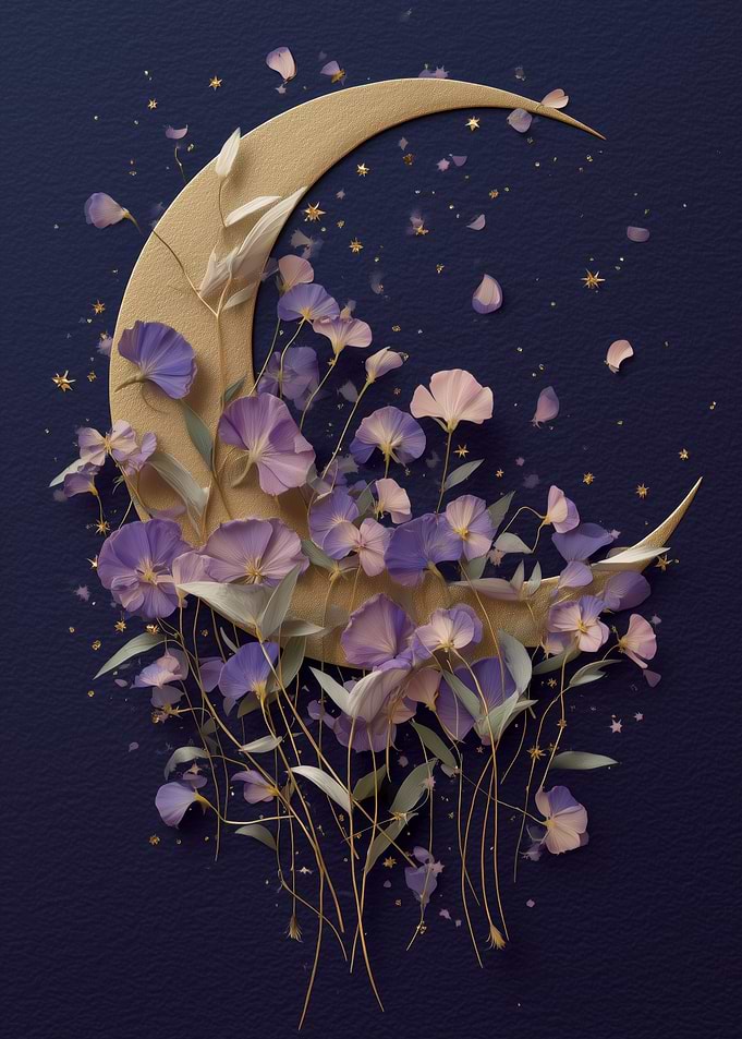 Golden Crescent Moon with Purple Flowers