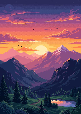 Pixel Art Mountain Sunset Landscape