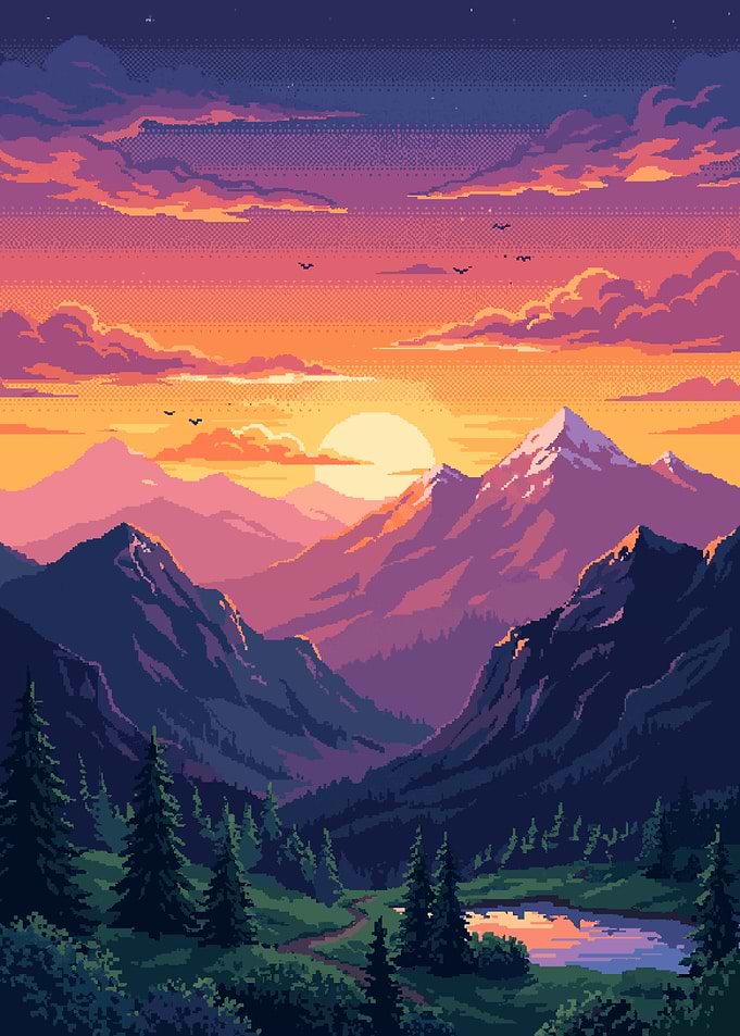 Pixel Art Mountain Sunset Landscape