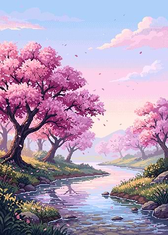 Pixel Art Cherry Blossom River Landscape