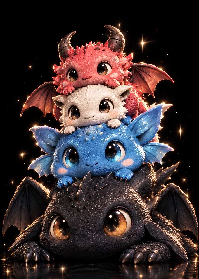 Stack of Four Cute Baby Dragons