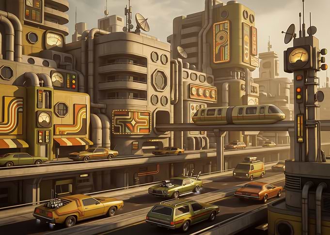 Retro-Futuristic Cityscape with Vintage Cars