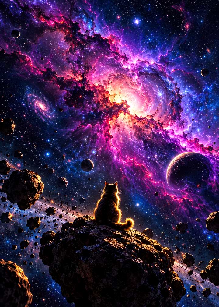 Cat Sitting on Asteroid in Space
