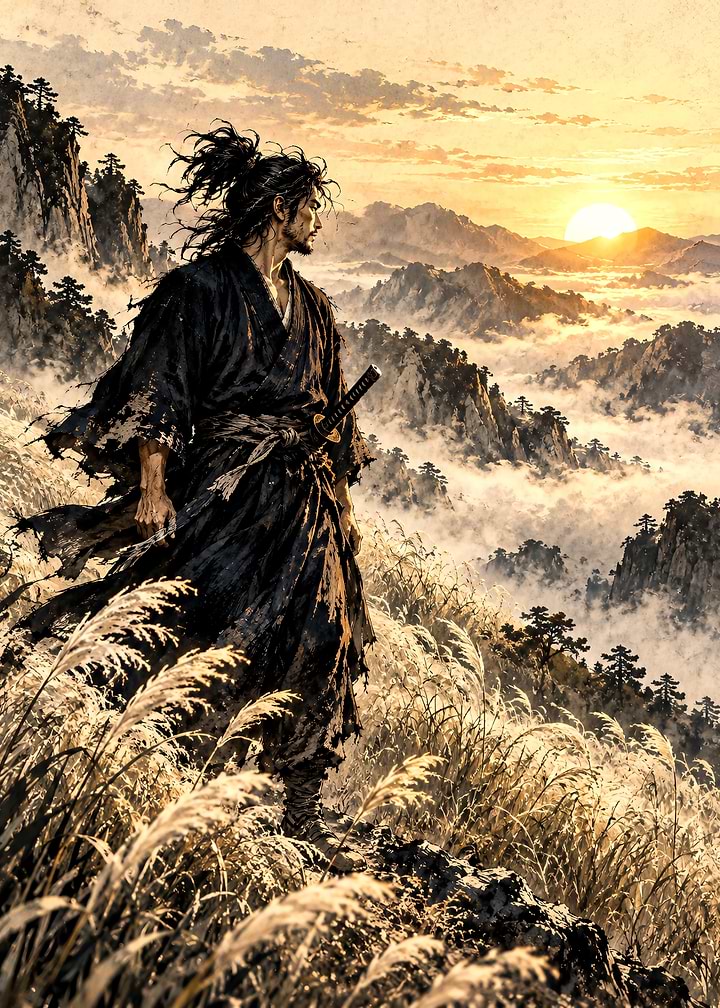 Samurai Standing in Mountain Sunset