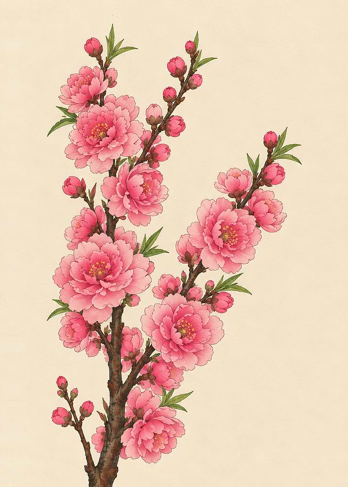 Double Peach Blossom Branch – Japanese Woodblock Print Floral Art