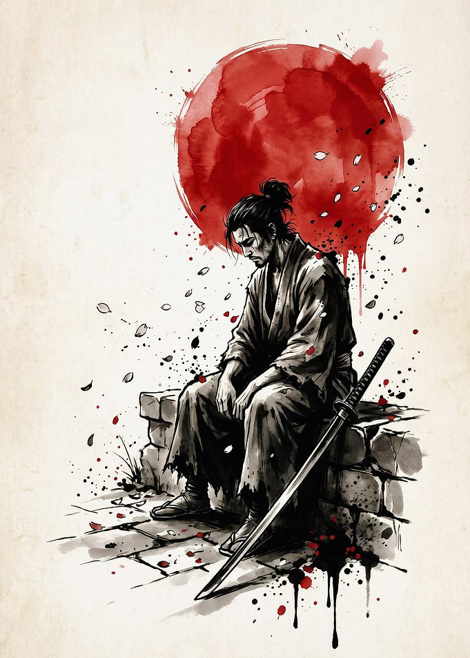 Samurai Warrior Ink Watercolor Art