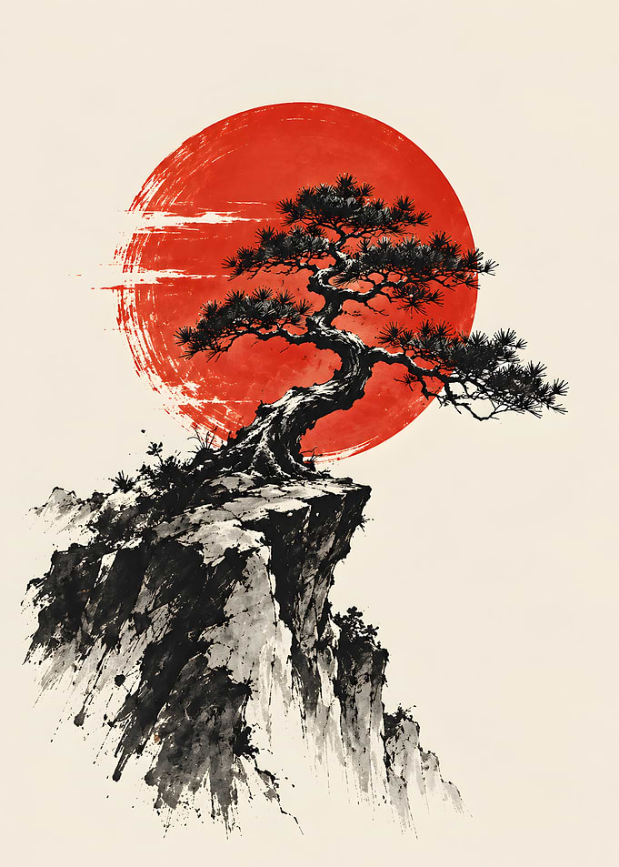 Bonsai Cliff Red Sun