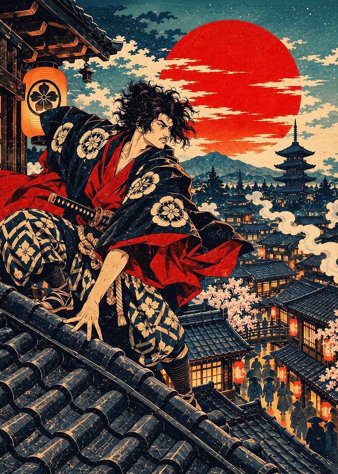 Samurai Rooftop Ronin Ukiyo-e Art