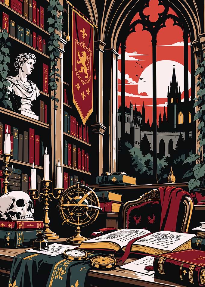 Gothic Library Study at Sunset