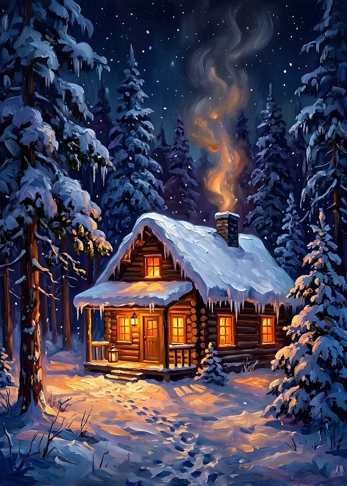 Cozy Winter Cabin Merry Christmas Snowy