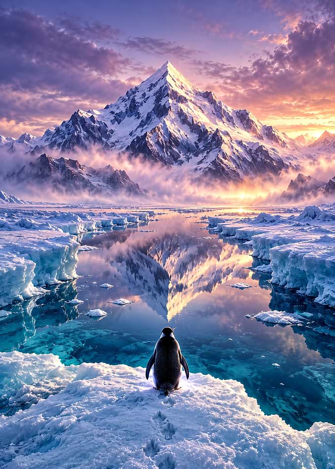 Penguin gazing at majestic icy mountain