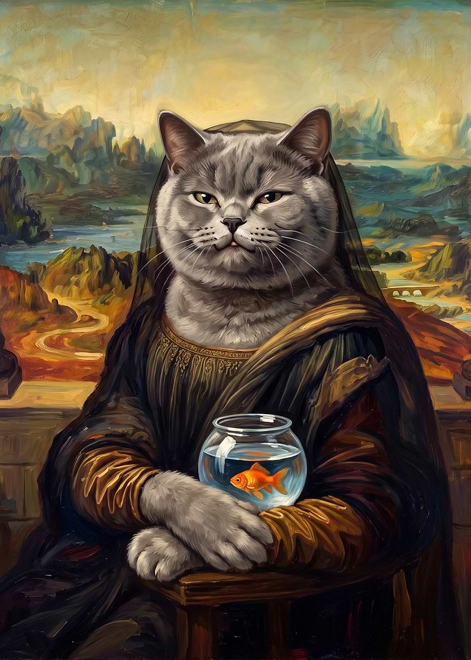 Mona Lisa Cat with Goldfish