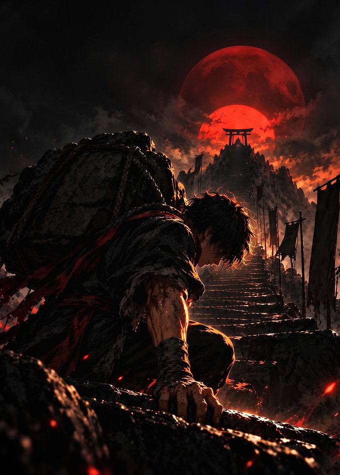 Samurai Climb Red Moon Dark Art