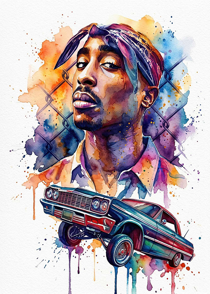 Tupac Shakur Watercolor Portrait with Lowrider