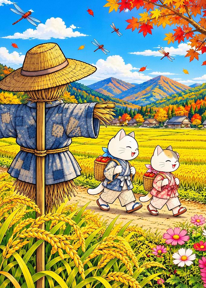 Autumn Cats Japanese Art Poster